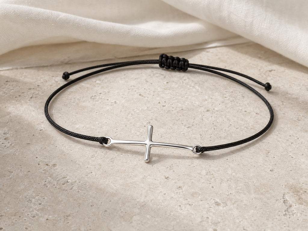 Silver cross cord bracelet