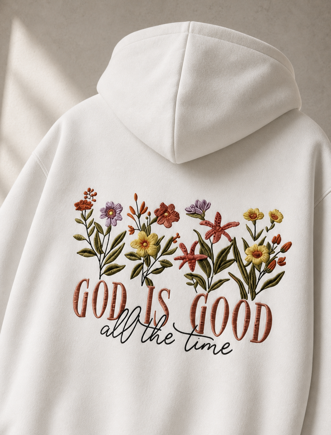 God is Good Floral Hoodie, artwork detail