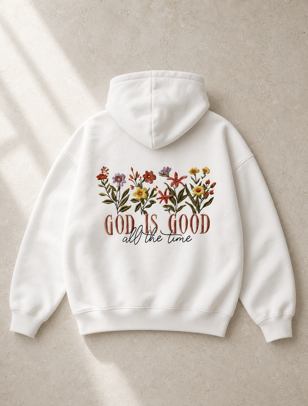 God is Good Floral Hoodie, flat lay