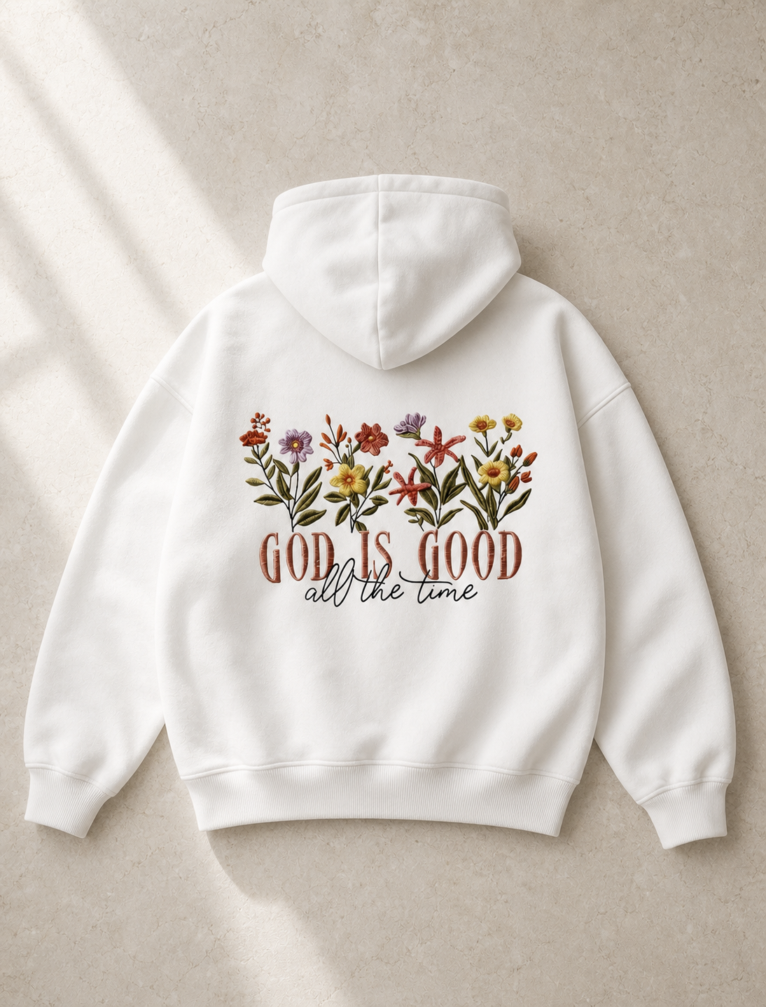 God is Good Floral Hoodie, flat lay