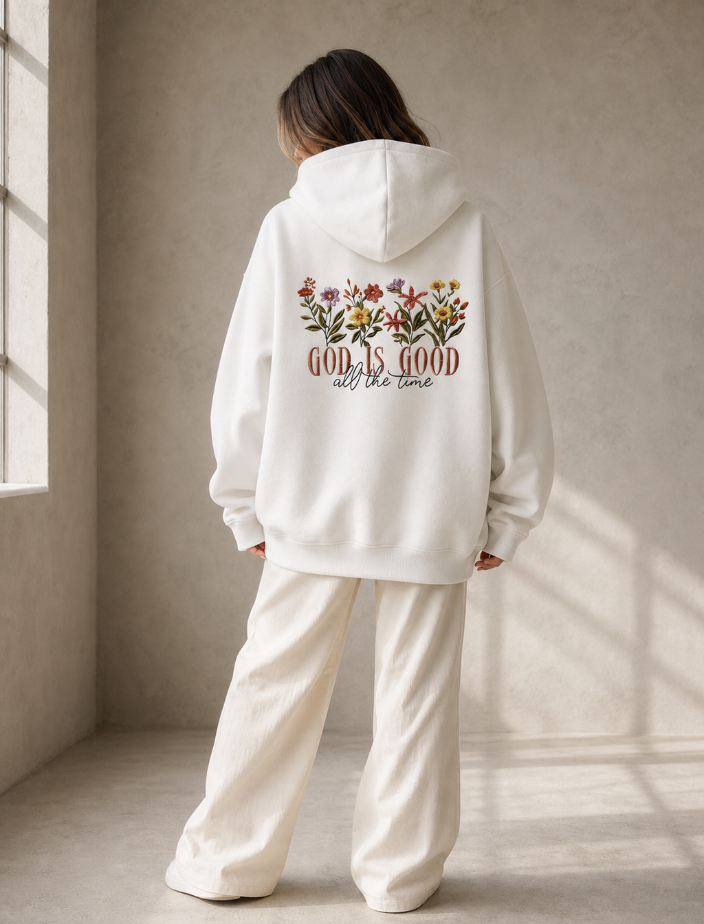 God is Good Floral Hoodie, worn