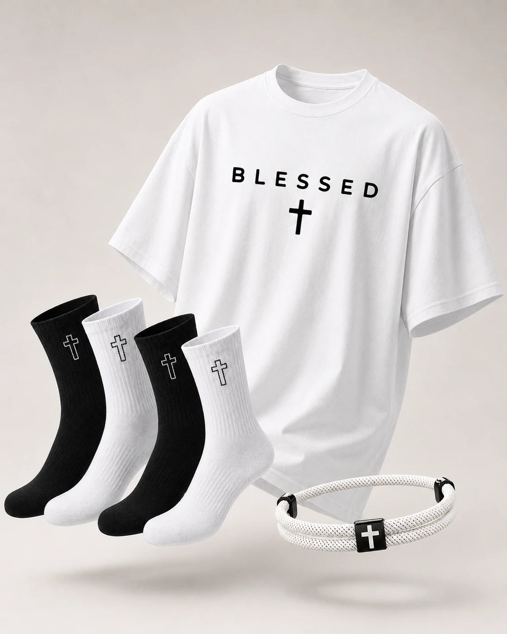 The Cornerstone Set — Blessed tee, Saved socks and Faith Cross bracelet