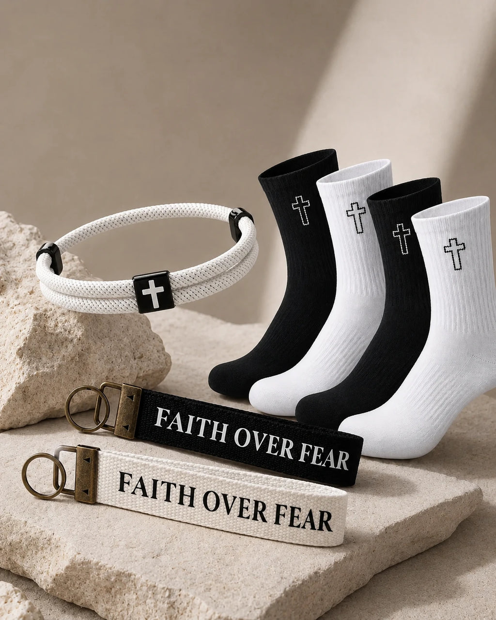 The Everyday Carry Set — Faith Cross bracelet, Saved socks and Faith Over Fear keychains