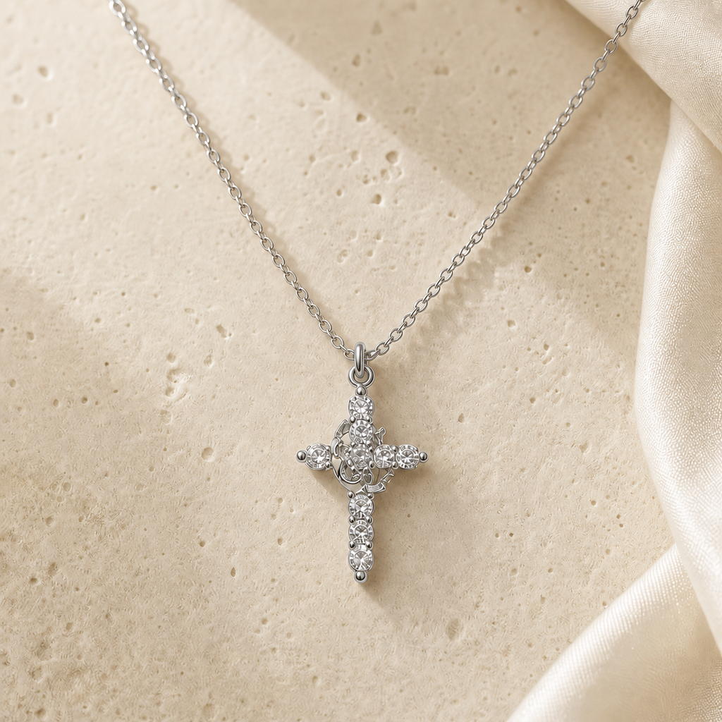 Crystal Cross Crown Necklace in silver, presented in a gift box