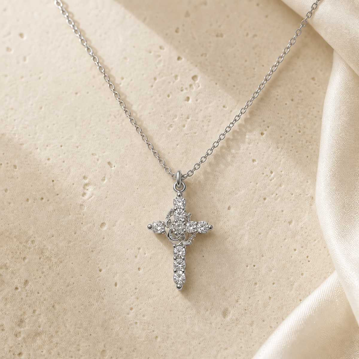 Crystal Cross Crown Necklace in silver, presented in a gift box